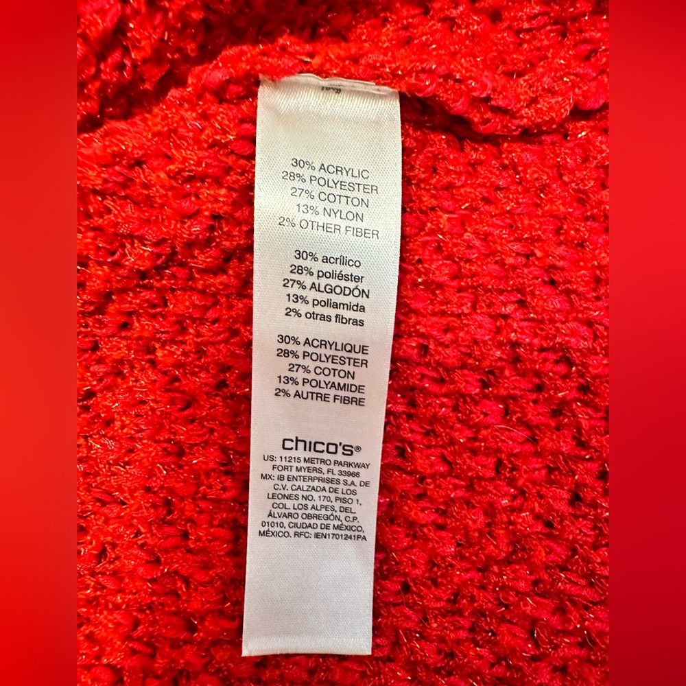 Chico’s Sparkle Fringe-Trim Red Cardigan/Boucle Sweater Size 3 - Picture 6 of 10